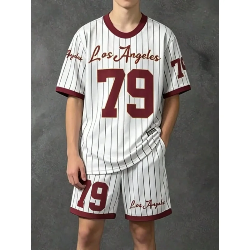 Teen Boys Casual T-Shirt And Shorts Set Los Angeles Letter '79' Design Summer Outdoor Wear Fitted Style