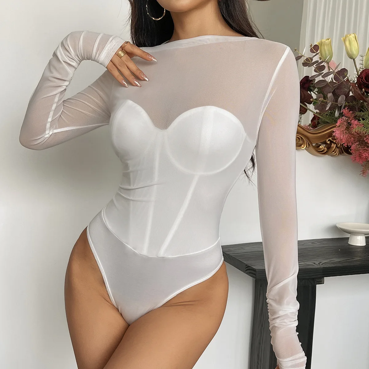 Women Elegant Breathable Mesh Bodysuit Sexy Underwear Tight Shapewear Fit Long Sleeves Jumpsuit Female One Piece Bodycon Rompers