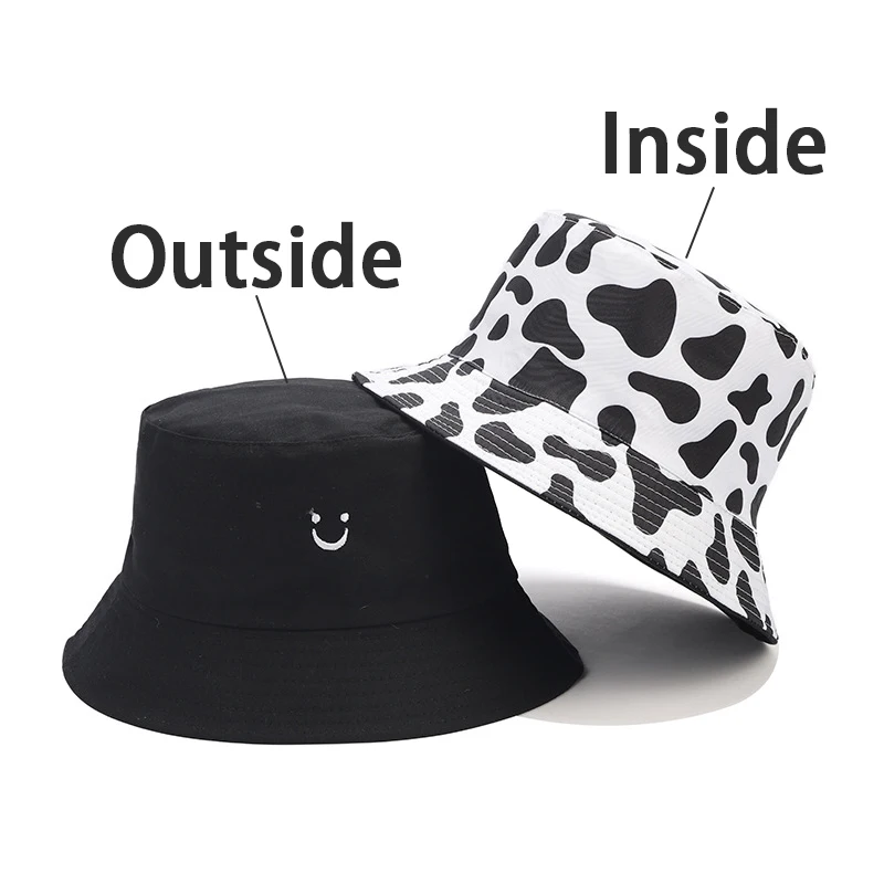 Bocca Cow Pattern Bucket Hat Smile Face Embroidery Double Sides Fisherman Hats For Men Women Panama Cap Summer Sun Hot Selling