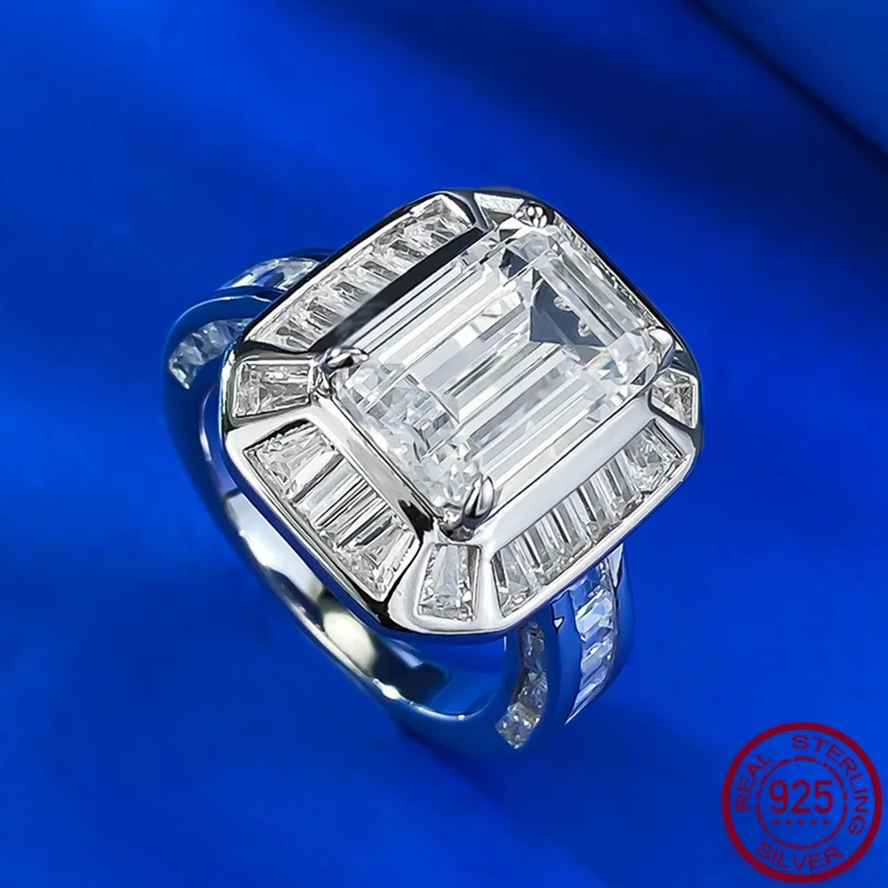 Yaranyan 925 Sterling Silver Emerald Cut 8 * 12 MM Sapphire High Carbon Diamonds Gemstone Wedding Engagement Ring Fine Jewelry