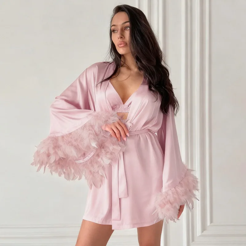 Three-piece Cross-border Set of Pajamas Women's Autumn Ice Silk Satin Feather Patchwork Long-sleeved Underwear Shorts Home Wear.