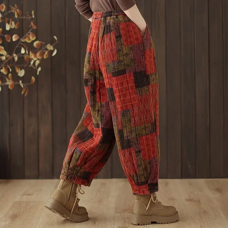 Retro Ethnic Style Printed Cotton Pants For Women Winter Cotton Linen Thick Style Warm And Loose Casual Lantern Trousers a080