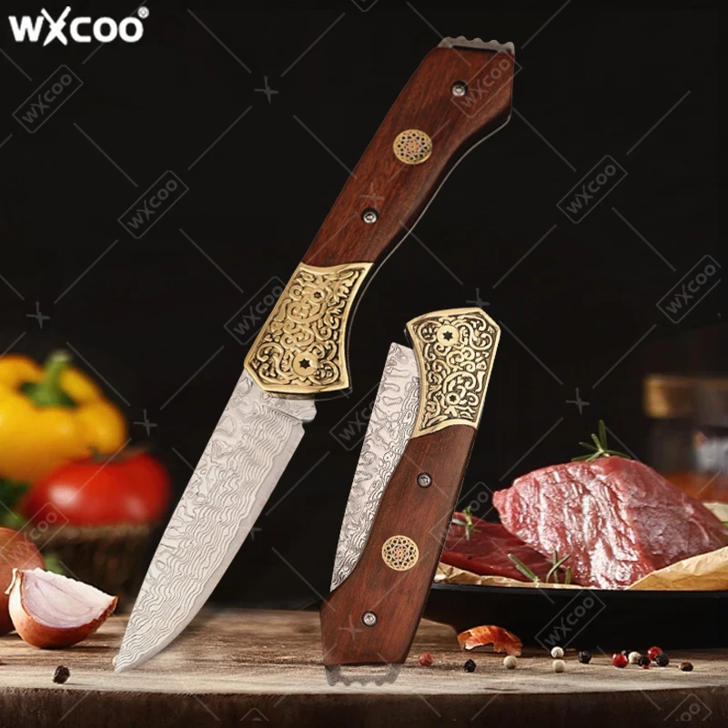 

Damascus Pattern Folding Fruit Knife Cut Meat Slicing Fruit Vegetables Boning Knife Stainless Steel Wooden Handle Kitchen Knives
