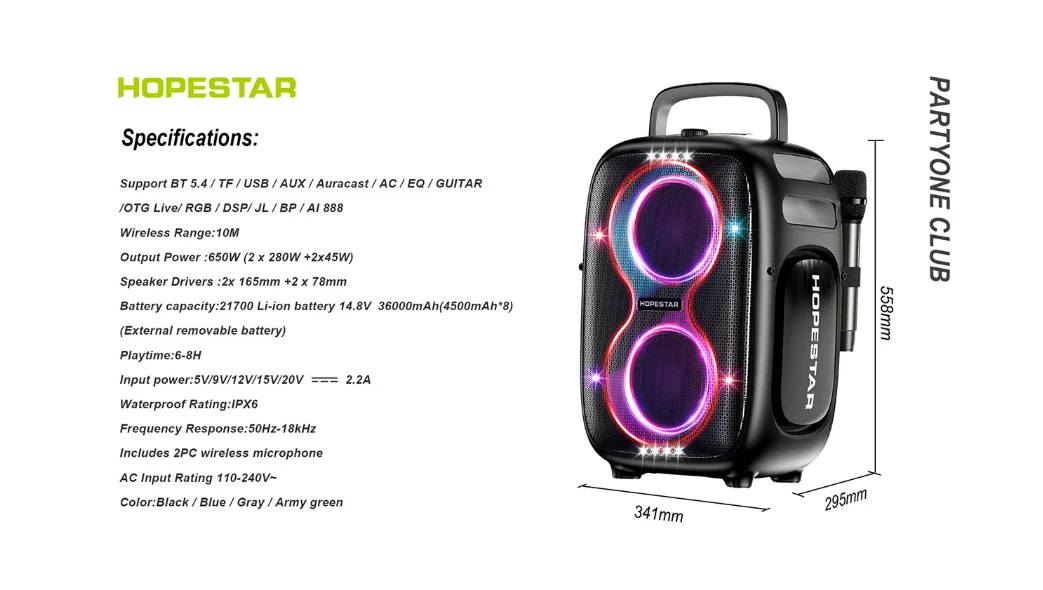 HOPESTAR PARTYONE CLUB 650W BT5.4 Speaker 36000mAh Removable