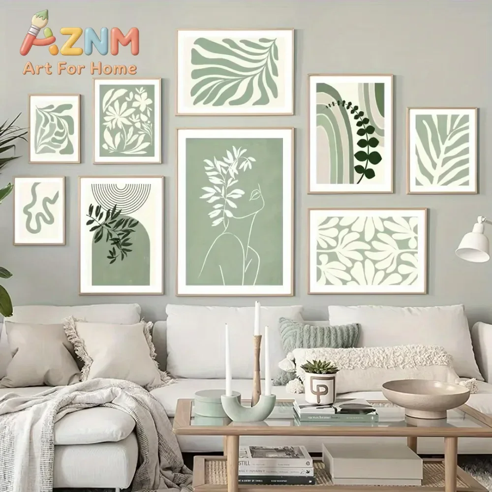 AZNM Sage Green Boho Canvas Wall Art Abstract Leaf Plant Line Woman Face Minimalist Print Unframed Canvas Poster for Living Room