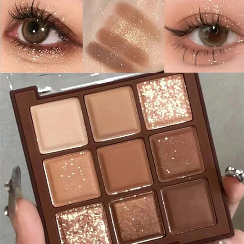 Paleta de sombras de ojos de 9 colores, sombra de ojos de color chocolate, mate, perlado, brillante, pigmentos de ojos con lentejuelas, maquillaje duradero
