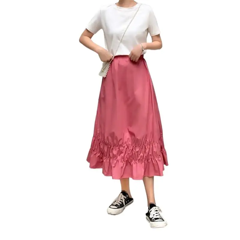 Korean Style Women Solid Cotton Pleated Skirts Ruffles A-Line Elegant Skirts Casual Loose Sweet Girl Skirts Pink Yellow vestido