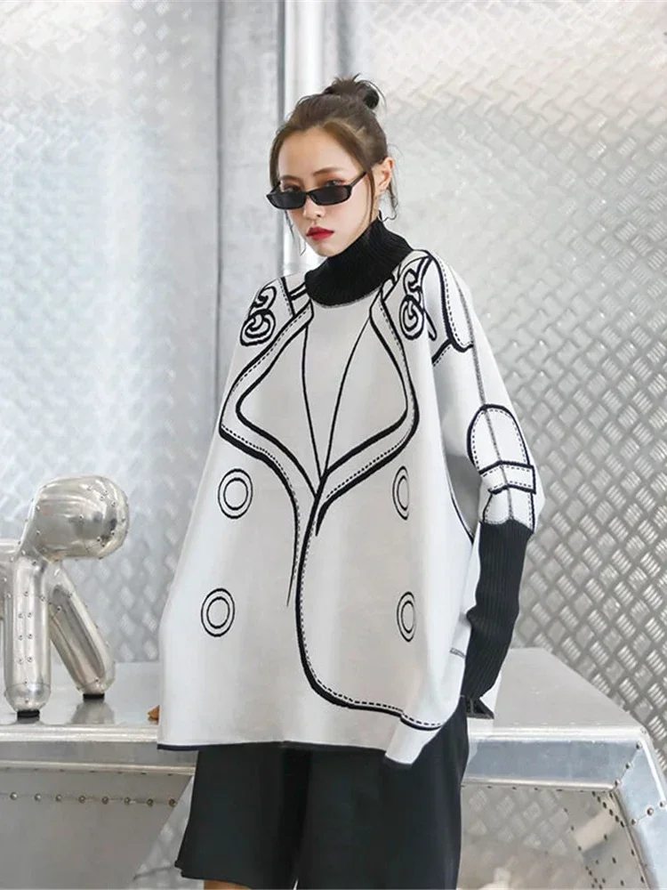 XITAO Turtleneck Knitting Sweater Front Negative Side Two Ways Dressing Personality Fashion New Pullover Women Loose Top WMD4018