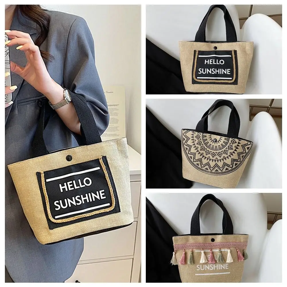 Bolso de mano de lona de gran capacidad, bolso de mano de lino tejido con letras y borlas, bolso de maquillaje, compras de estilo japonés