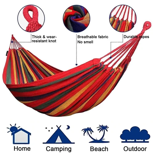 Imagen 2 del producto Hamaca doble de lona para 2 personas, hamaca de algodón con correas de árbol para Patio, jardín, Patio trasero, exterior e interior (rojo, azul)