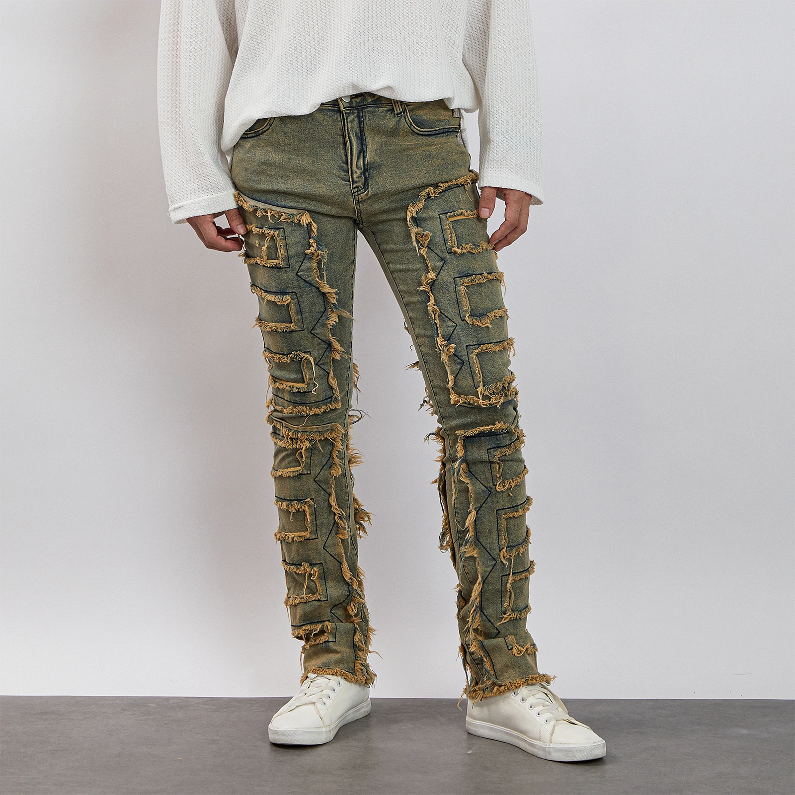 

Men Skinny Pants Vintage Patch Frayed Denim Pants Spring Fall Casual Leggings Trousers with Pockets Streetwear