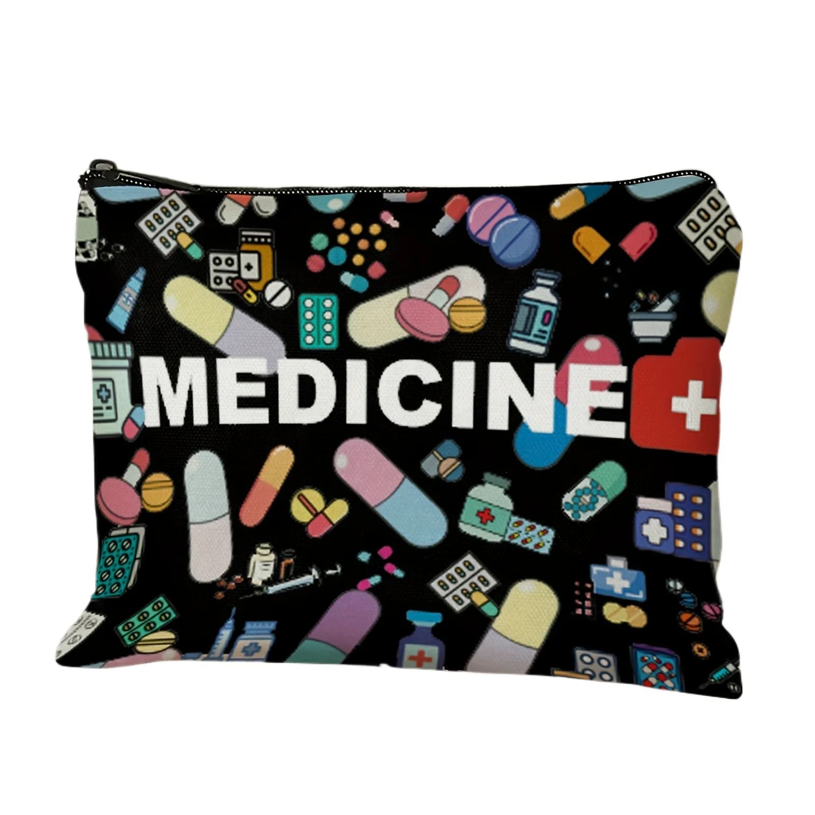 

Многофункциональная дорожная сумка-органайзер для таблеток на молнии с цветными иконками для аллергиков и при астме на черном фоне