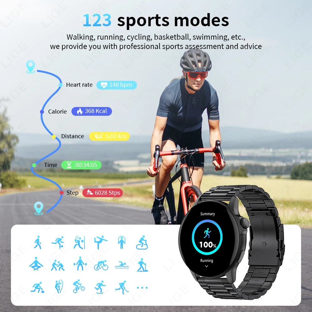 LIGE-Smartwatch de aço impermeável para homens, Full Circle Touch Screen, Bluetooth Call, Atividade esportiva, Relógios Fitness, 2024