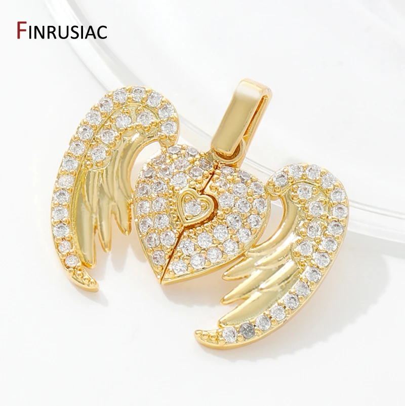 Ciondolo con ciondolo a forma di cuore in ottone placcato oro 18 carati per la creazione di gioielli fai da te, accessori per collane fai da te con ciondolo ad ala in zircone intarsiato