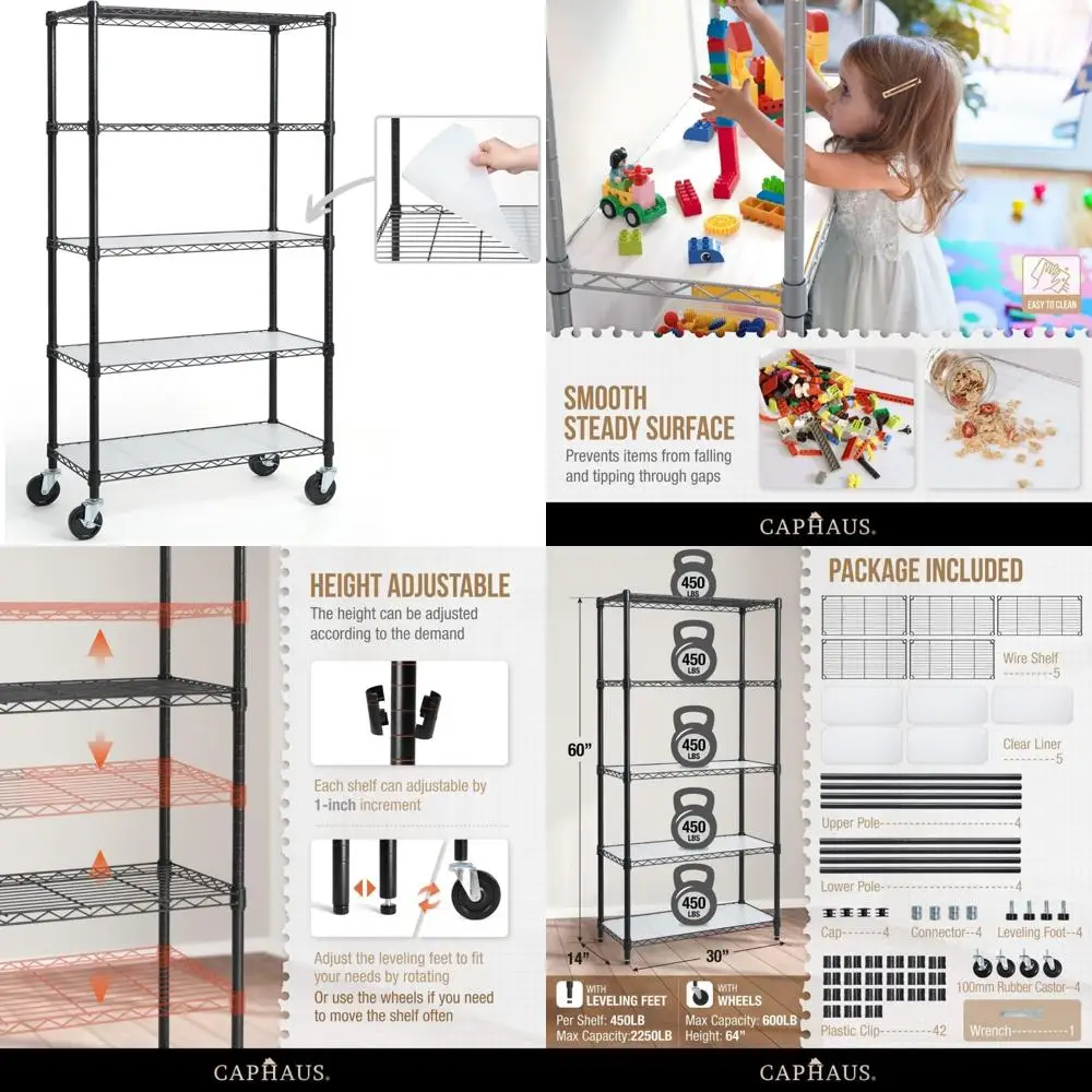 

Сверхмощные проволочные полки коммерческого класса с колесами, выравнивающими ножками, вкладышами для хранения в гараже, металлическая стойка с 5 полками