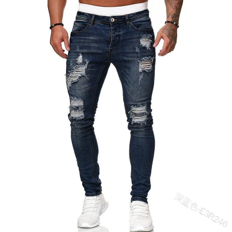 Ripped Mid Waist Slim Fit Men Jeans Vintage Denim Wash Solid Punk Style Skinny Pencil Pants Distressed Holes Ankle Length