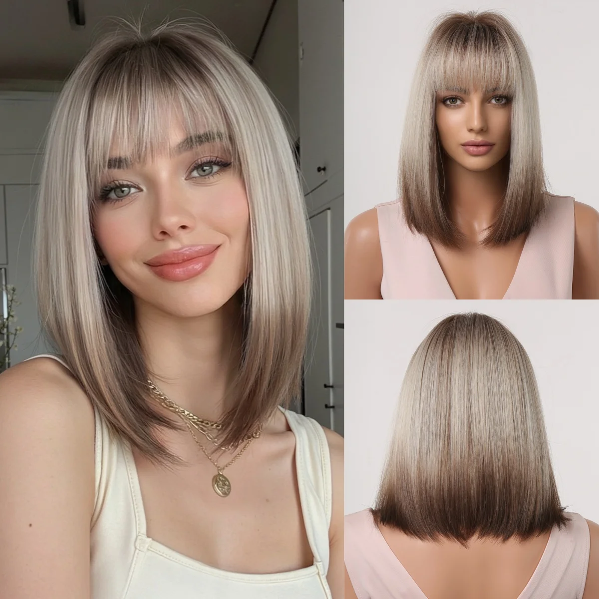 

HENRY MARGU Короткие прямые парики боб с челкой Золотисто-коричневые натуральные синтетические волосы для женщин Ежедневный косплей Термостойкое волокно W