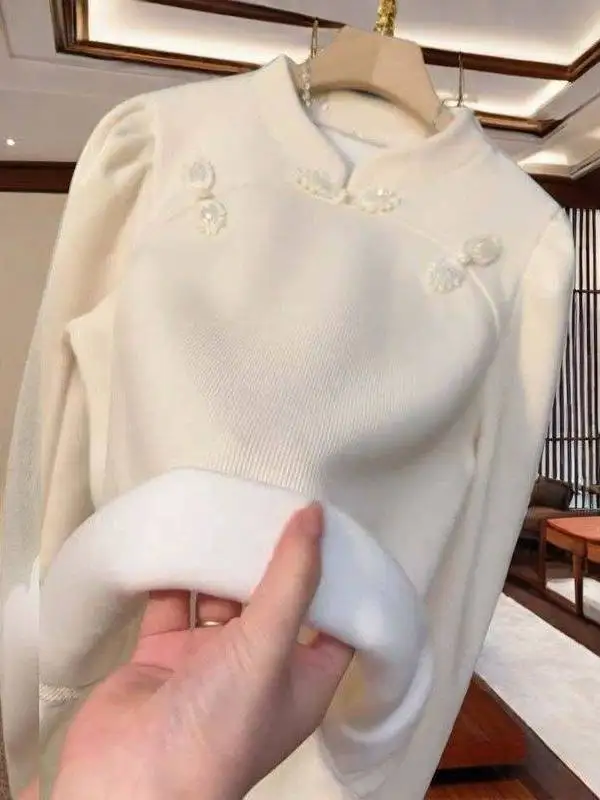 Nueva Blusa de Terciopelo para Mujer, Estilo Chino, Diseño Exclusivo, Capa Base Moderna en Color Beige
