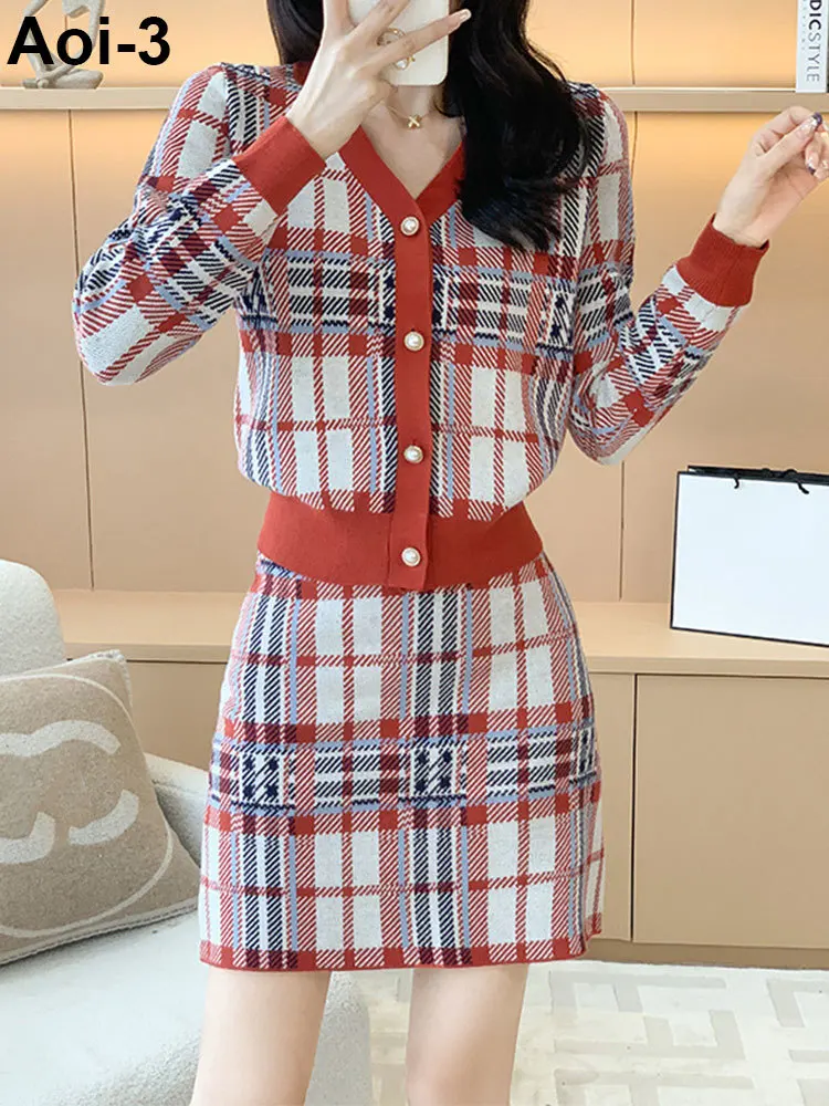 

Fashion Plaid Knitted Suit Women 23 Autumn Winter New Contrast Color V-Neck Long Sleeve Cardigan Top+A-Line Skirt Two-Piece Set