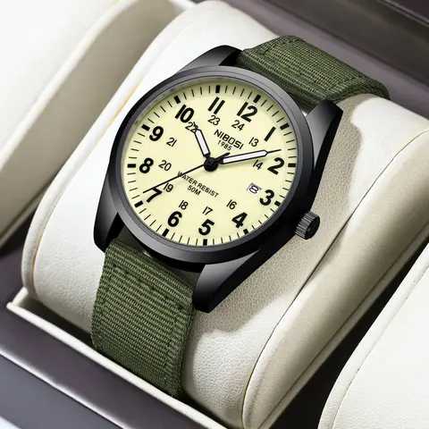 NIBOSI Mens Watches Unisex Military Sport Nylon Strap Stylish Analog Quartz Watch for Men Luminous Fashion Waterproof Casual