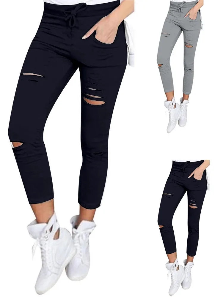 سروال رصاص عالي الخصر مع ثقوب، لون برباط، سلسلة ألوان نقية، سروال رصاص بفتحة كسر، سروال نسائي كاجوال من ألياف البوليستر #1