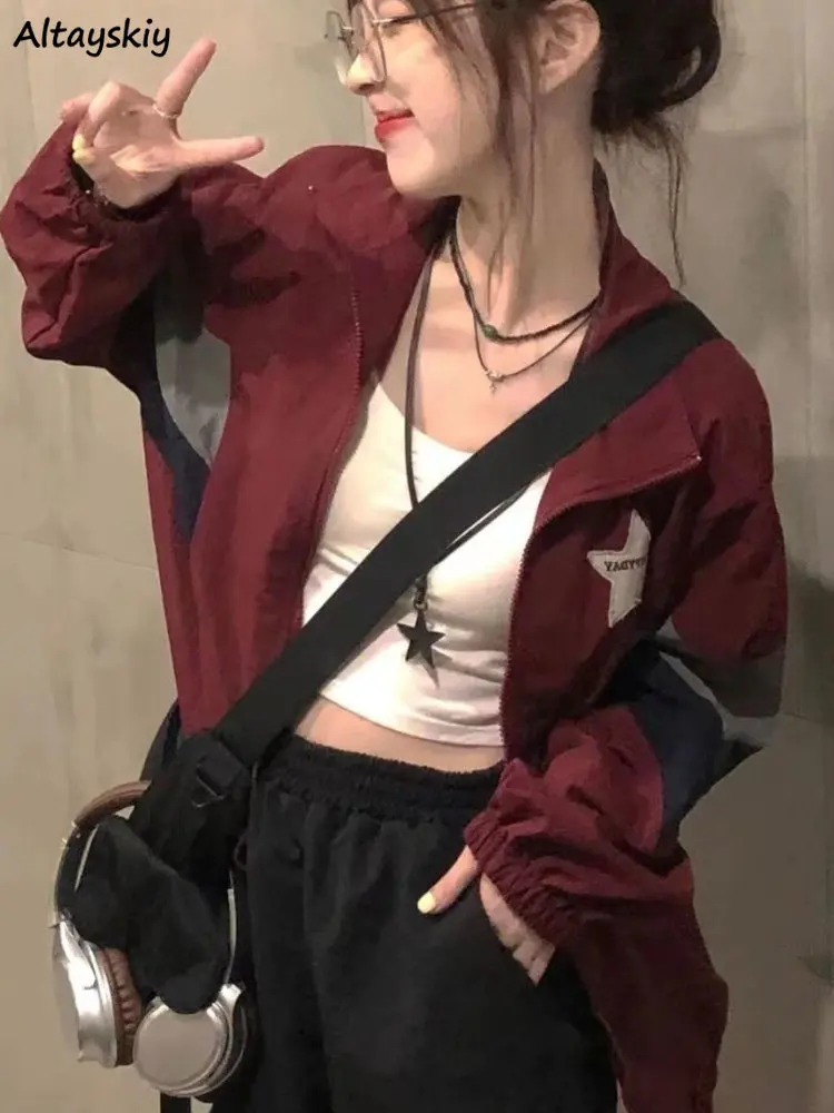 Basic Jackets Women Korean Style Vintage Panelled Patchwork Students Autumn Loose Casual Harajuku BF Unisex Fashion Chic Popular