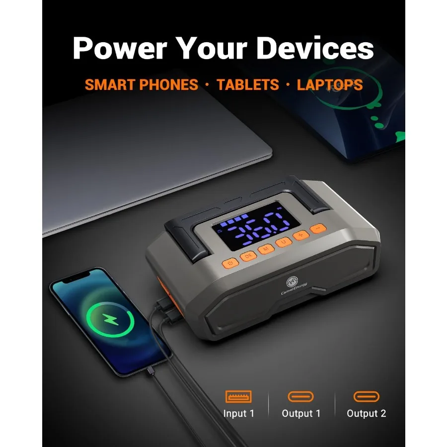 كاتب قفز محمول 12 فولت مع تيار ذروة 4000 أمبير وضاغط هواء 150 رطل لكل بوصة مربعة للغاز 9 لتر ومحركات الديزل 8 لتر بطارية السيارة المدمجة