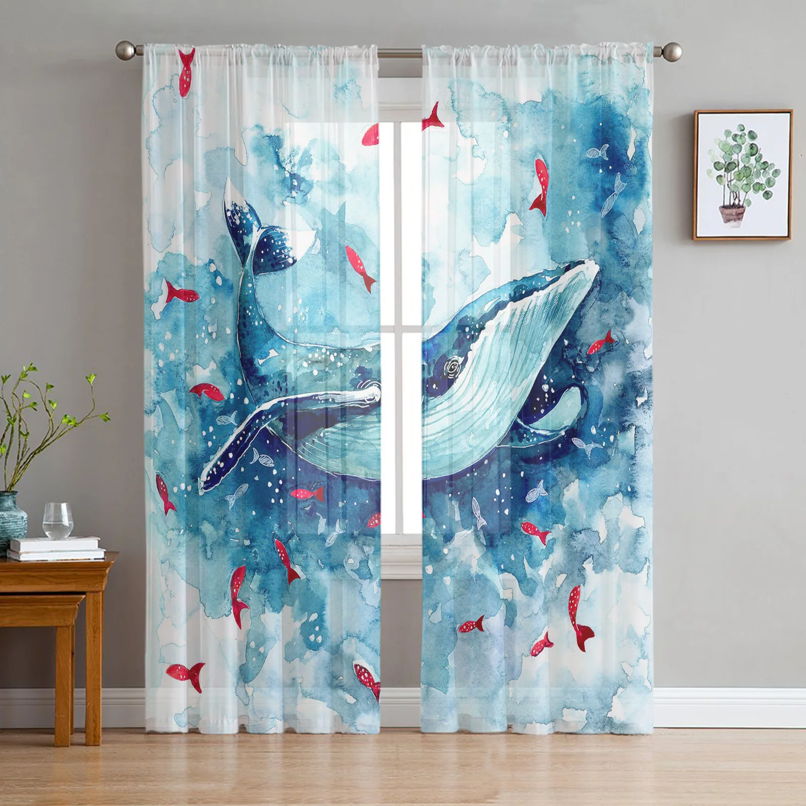 Ocean Animal Fish Blue Whale Sheer Curtains for Living Room Bedroom Kitchen Hotel Decoration Chiffon Tulle Voile Window Curtain