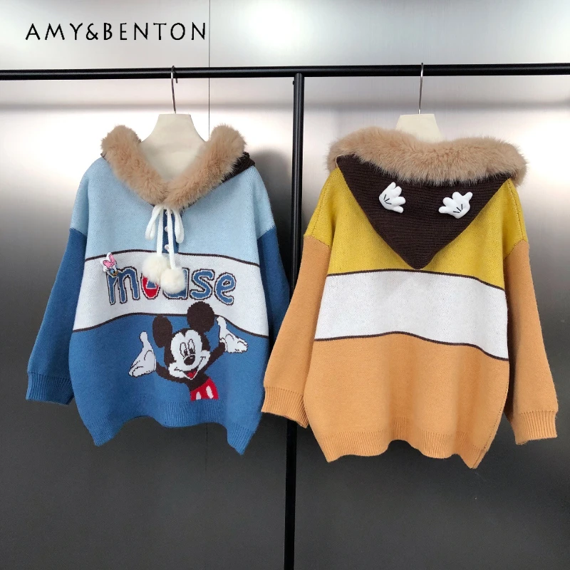 

Американский ретро модный мультяшный жаккардовый цветной блок, свободный стильный плюшевый пуловер с капюшоном, свитер с длинными рукавами, кавайный трикотаж, пальто