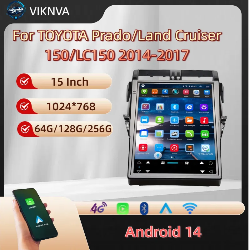 For Toyota Land Cruiser Prado 150 2014-2017 Android 14 Screen Car Radio Multimedia Player GPS Navi Carplay DSP