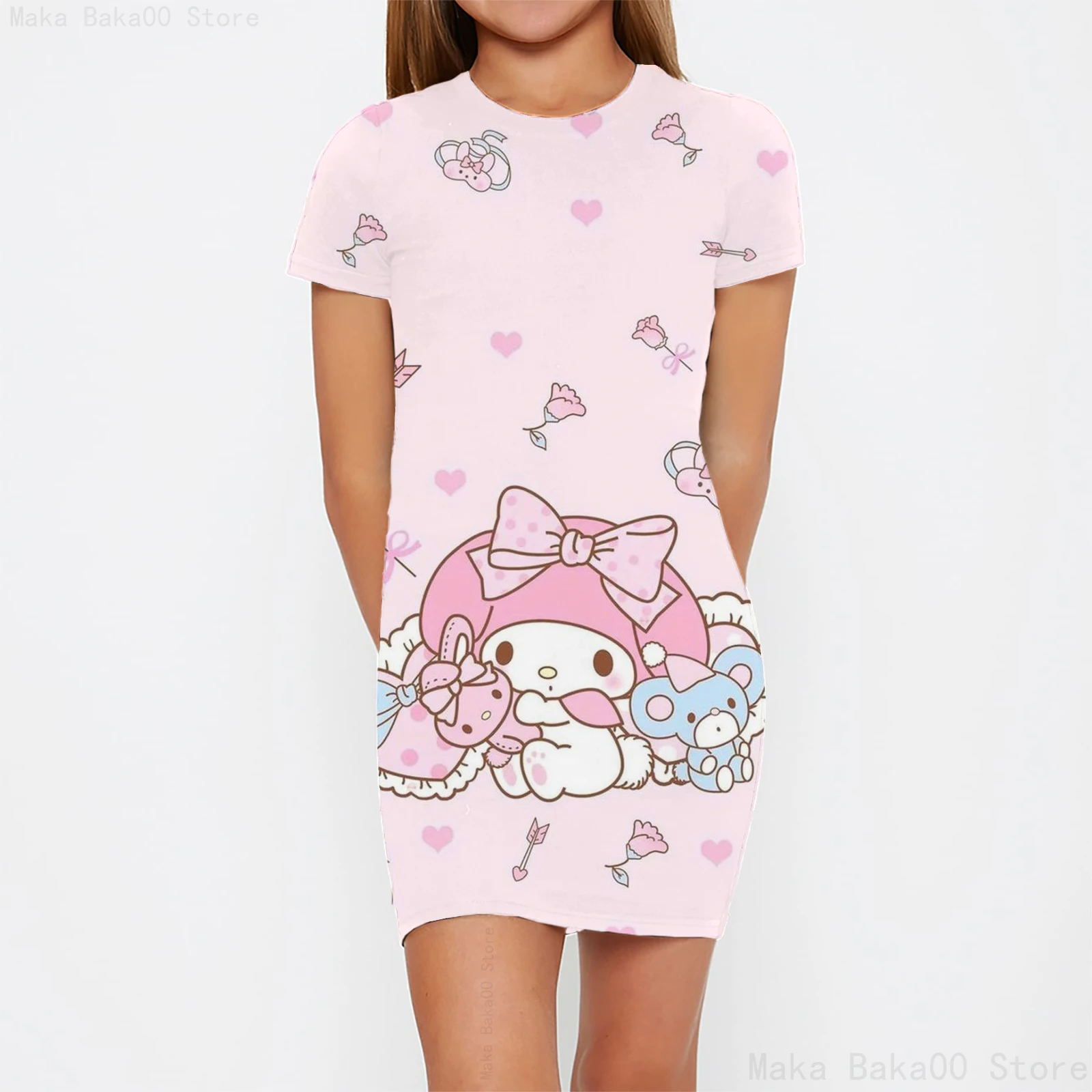 2024 girls spring and summer casual and comfortable home style short-sleeved skirt Sanrio mymelody Melody print dress