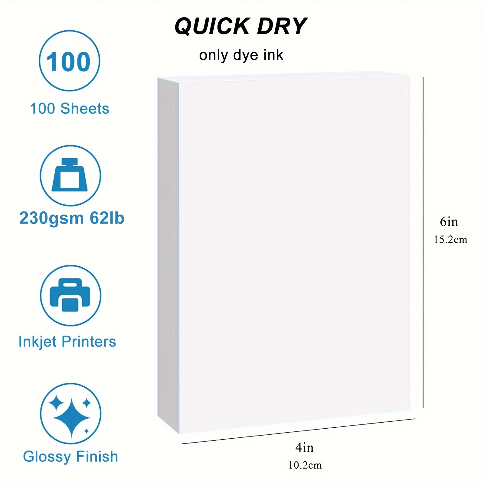 100 Blatt 4 x 6 Zoll glänzendes Fotopapier, schweres, doppelseitiges, hochglänzendes 230 g/m2, nur 62 Pfund, kompatibel mit Tintenstrahldrucker