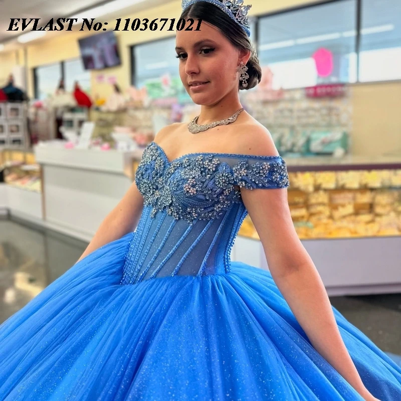 فستان Quinceanera أزرق لامع ، زين تول ، كريستال مطرز ، مشد مكسيكي ، فستان كرة 16 حلو ، 608 ، 16