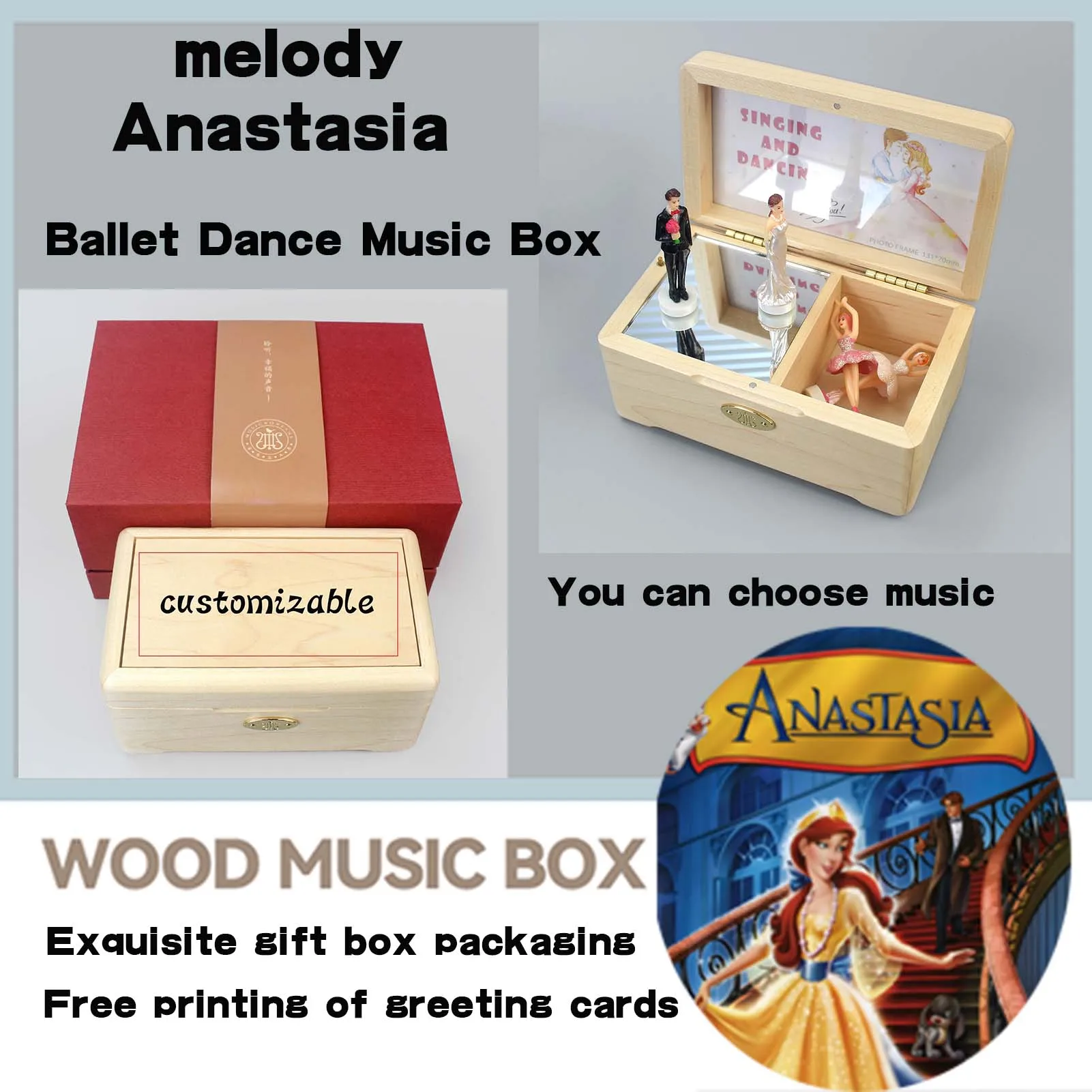 Caja de música personalizada Sankyo de madera ♫ Anastasia-Once sobre un de diciembre ♫ Caja de música Anastasia
