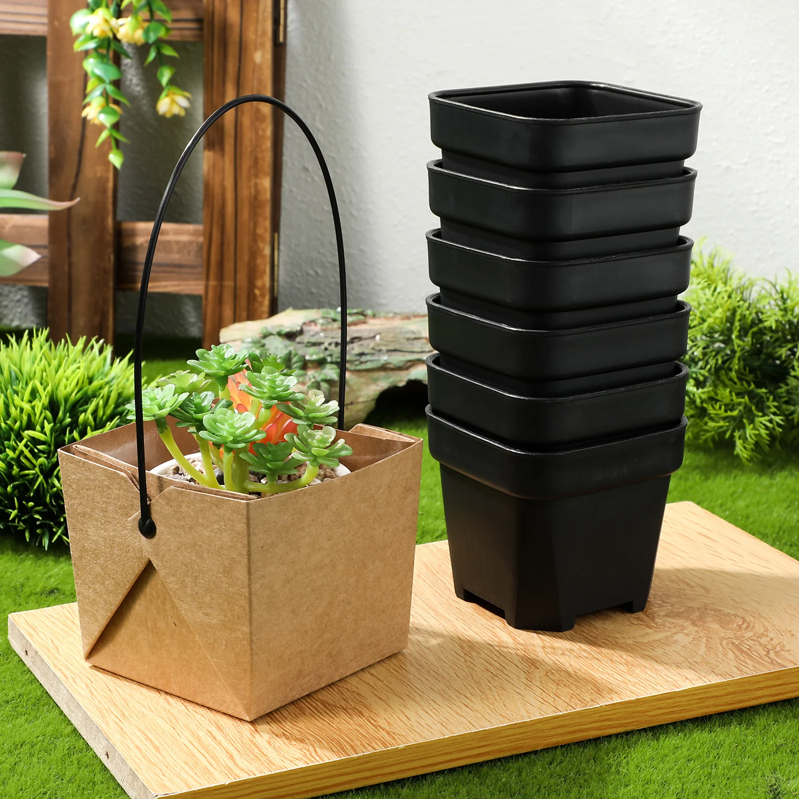 

12Sets Plastic Succulent Boxes with Drainage Holes Compact Mini Planters in Kraft Paper Bags Ideal for Wedding Favors Home