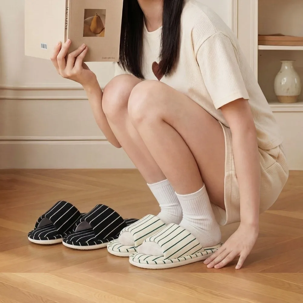 1 Pair Comfortable Non Slip Indoor Slippers Soft Sole Quiet House Slides Breathable Striped Home Floor Shoes Spring Autumn
