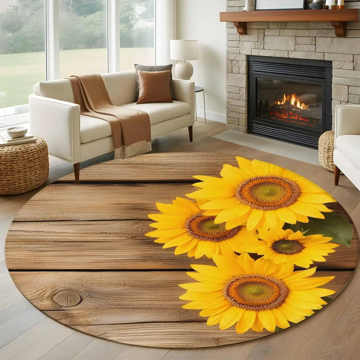 Sunflower Round Rug with Vintage Newspaper Print – Rustic Anti-Slip Floor Mat for Cozy Living Room Home Decor