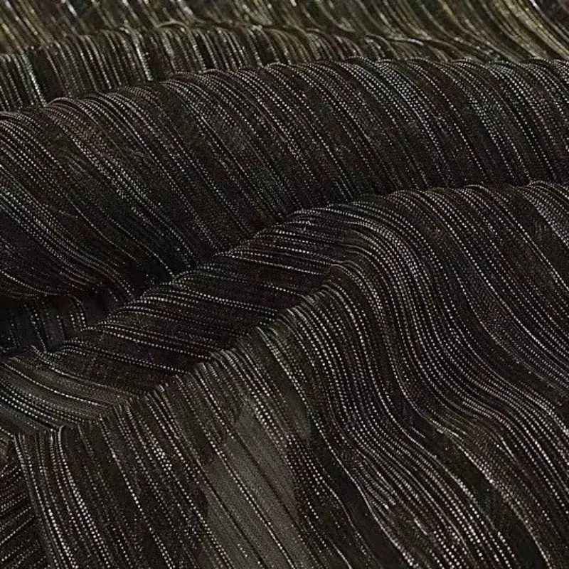 

Black and gold elastic shiny pleated fabric for stage costume high end gilded Hanfu formal dress performance wear DIY clothing