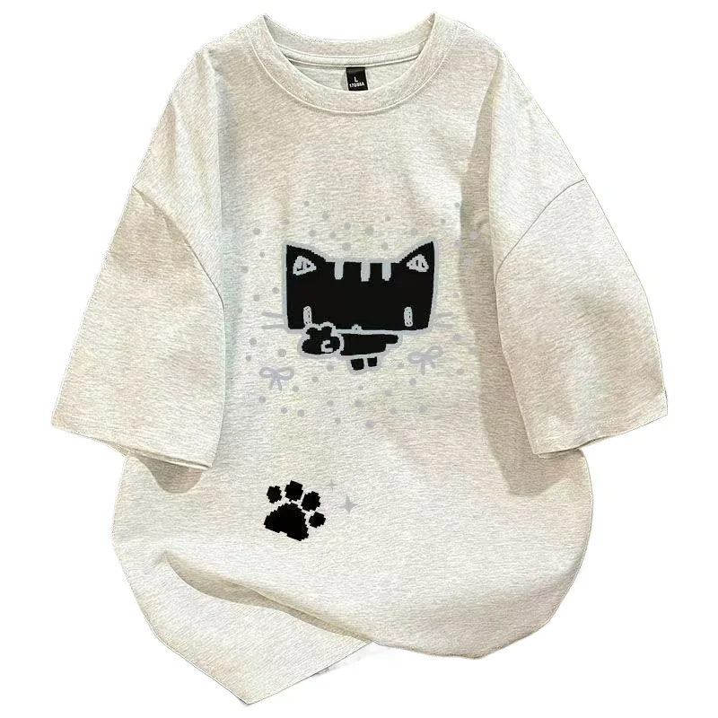 

American-style Funny Little Cat Printed White Pure Cotton Short-sleeved T-shirt 2026 Summer New Fashion Loose Top for Men Women