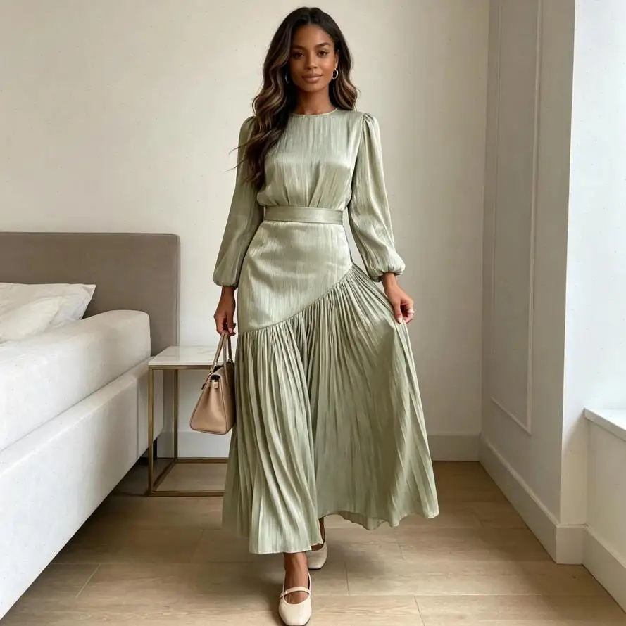 Dress Women Long Dresses Y2k Streetwear Work A Line Round Neck Lantern Sleeve Elegant Splice Tight Waist Party Night 2026 Summer