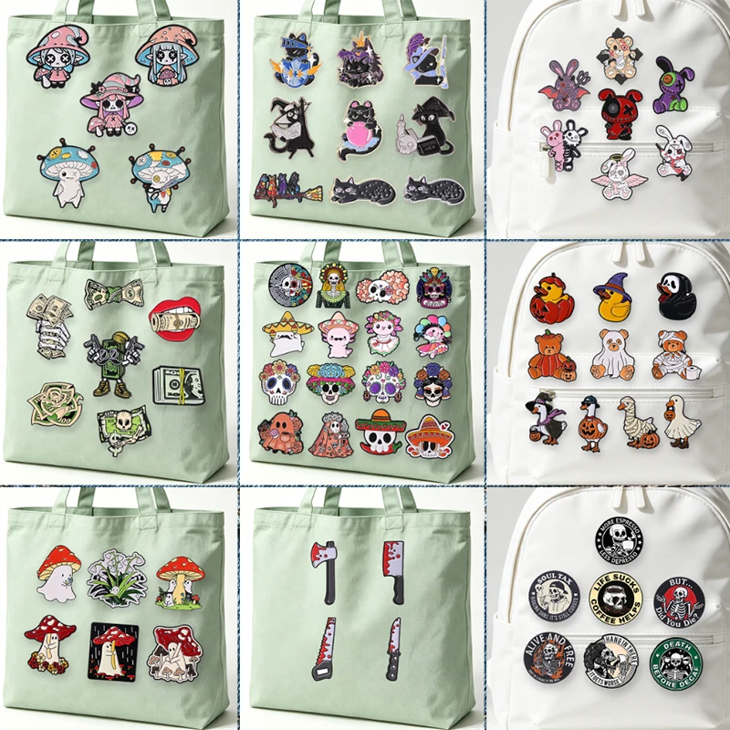 3-16pcs/set Halloween Skeleton Ghost Series Enamel Pin Horror Movies Role Ghost Skull Face Voodoo Doll Knife Brooch Jewelry Gift