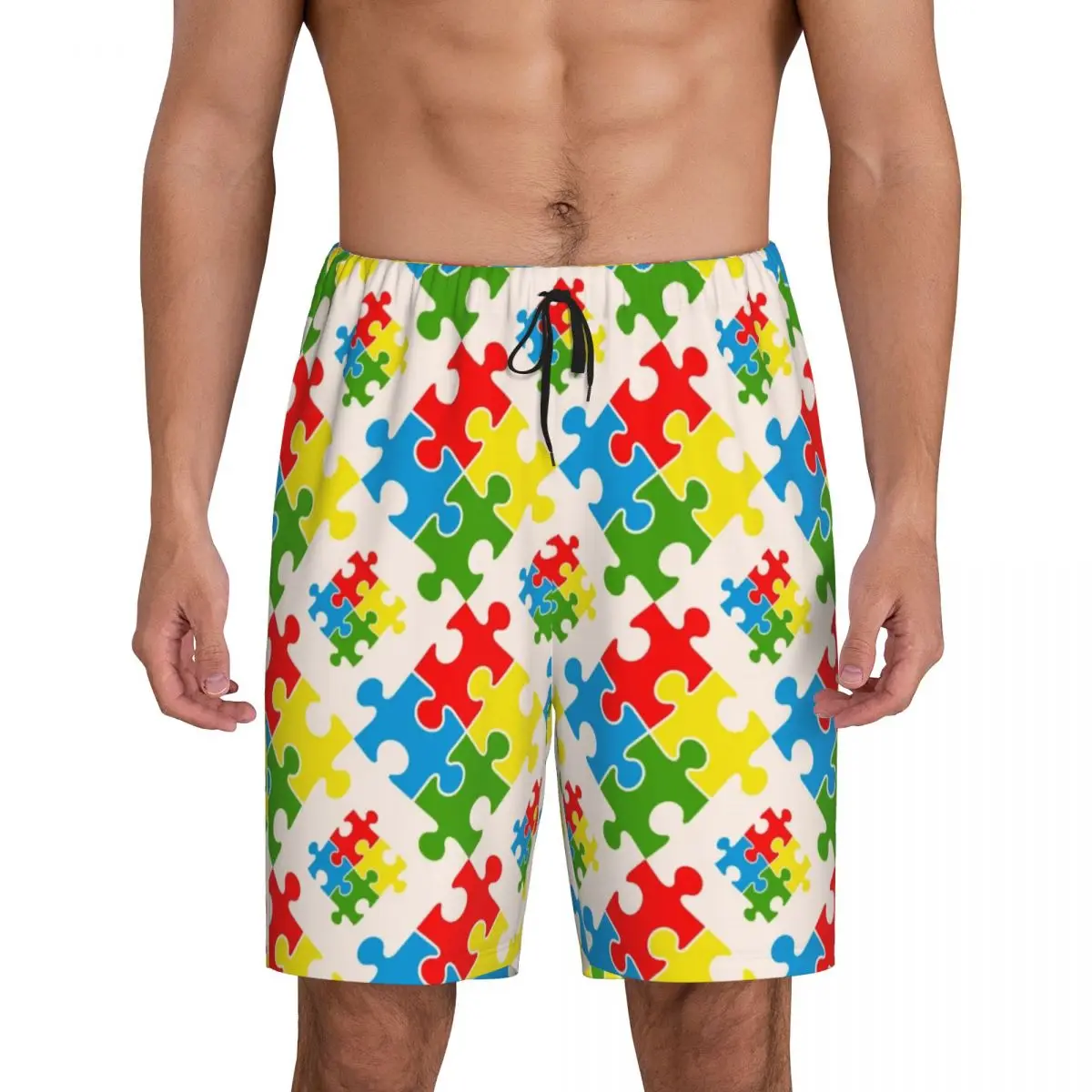 Custom Printed Men's Colorful Puzzle Autism Awareness Pattern Pajama Bottoms Sleepwear Pjs Sleep Shorts with Pockets