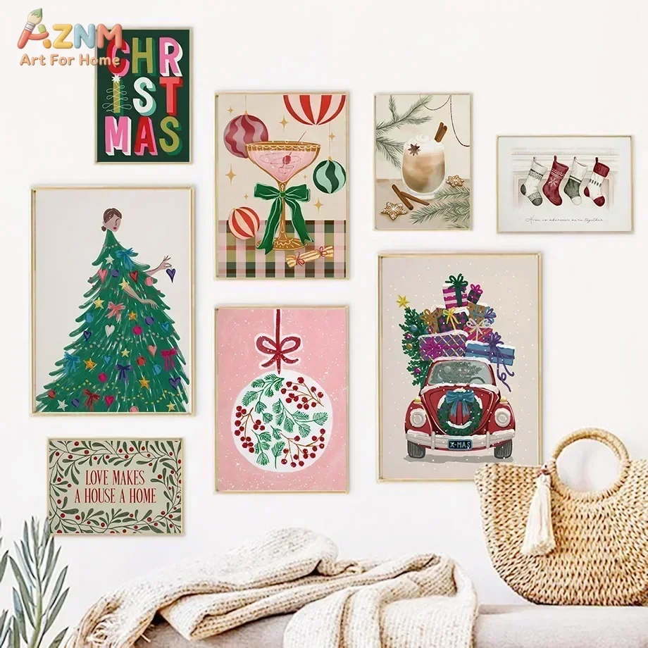 AZNM Colorful Pink Christmas Canvas Wall Art, Retro Xmas Tree Vintage Car Cocktail Bauble Print, Cute Festive Holiday Poster For