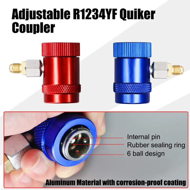 R1234yf Adjustable Quick Coupler AC H/L Charging Hose Connectors Adapter 1/4 Inch Fitting for AC Refrigerants Mainfold Guage Set