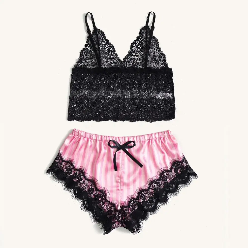 Women's Sexy Lace Pajamas Set Silk Satin Summer Spwear V-ne Faionable Polyester Fabric Ladies Nightgown Outfit