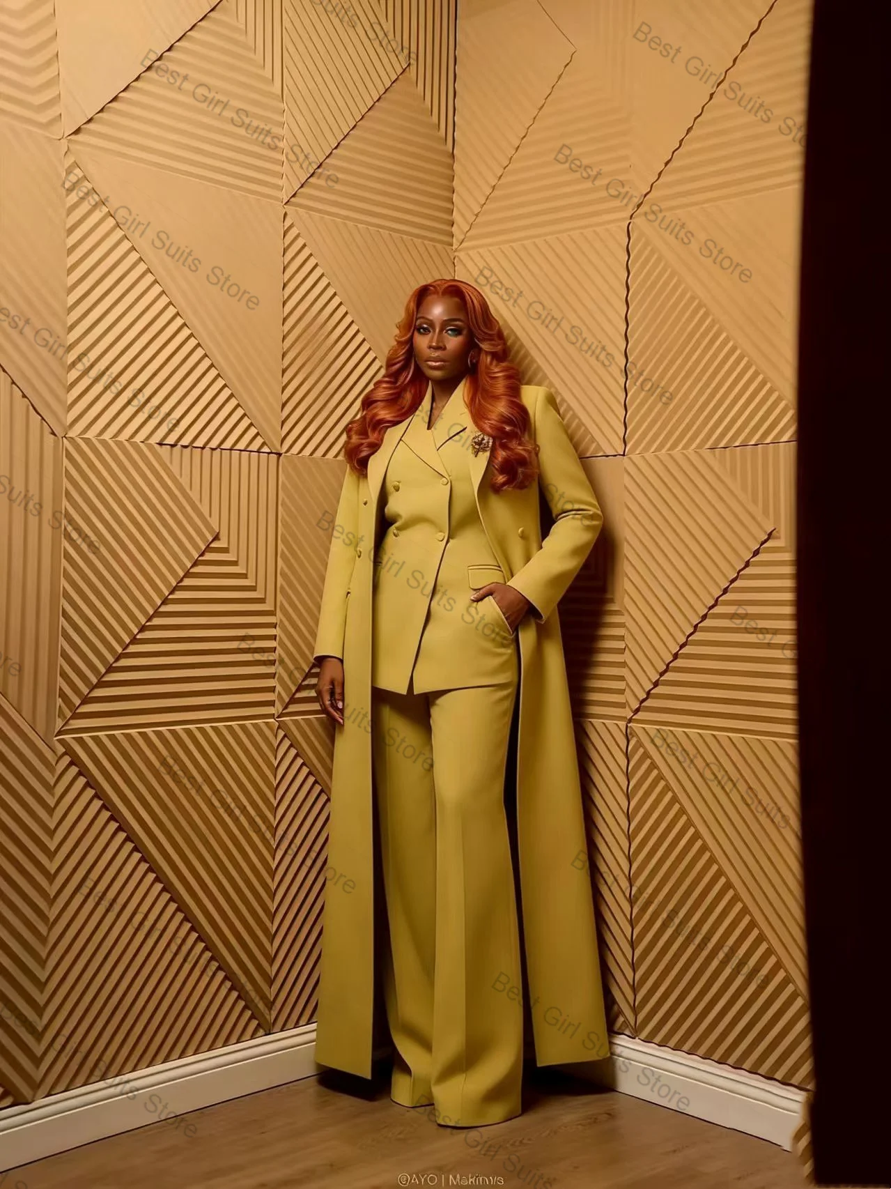 

Yellow Women Suit Set 2 Pcs Long Overcoat+Blazer+Pants Trousers Cotton Spring Formal Office Lady Jacket Customized Wedding Coat