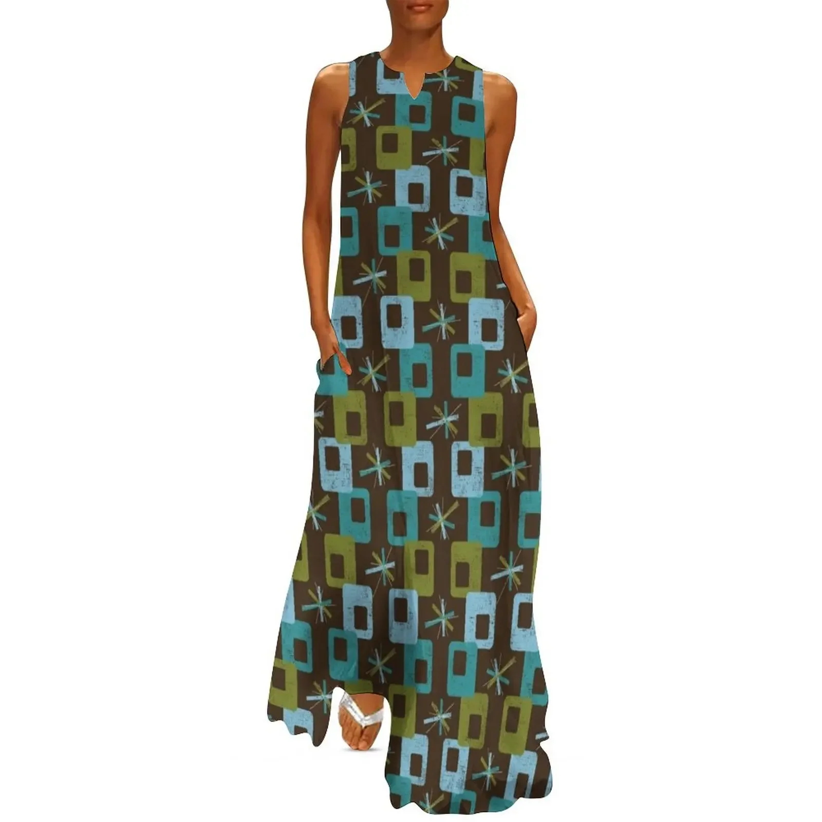 

Mid Century Modern - Teal Geometric Groove Long Dress Prom gown dresses for women 2025 luxury designer party Dress