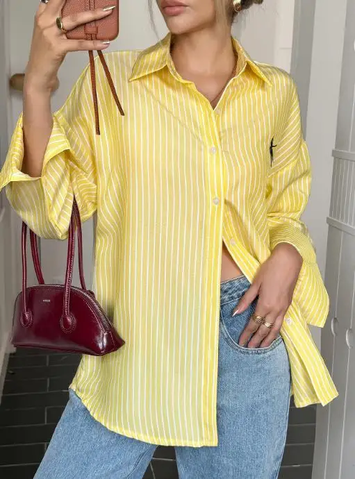 

Casual Korean Popular Shirt Striped Long Sleeved High-End Women's Shirt Fashion Lapel Striped Printed Single Breasted Shirt Top