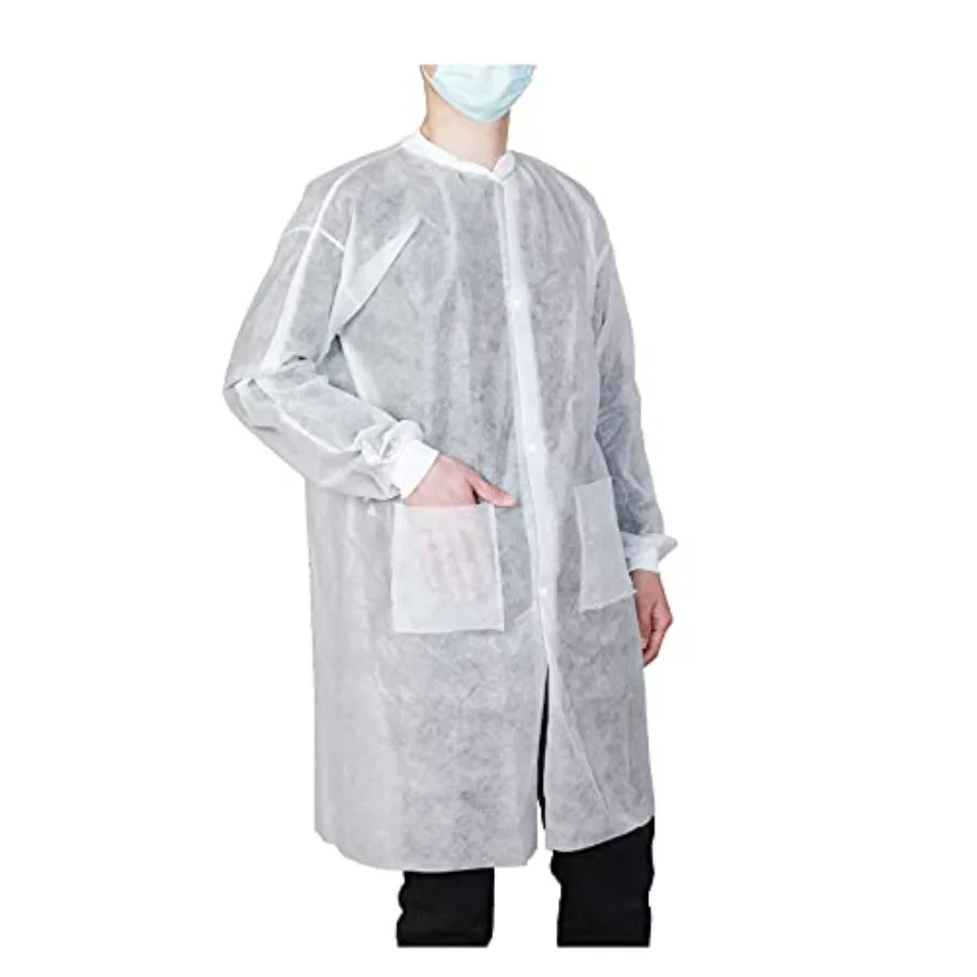 

10-Pack Disposable Lab Coats for Adults, Knee Length with 2 Pockets, Knitted Cuffs and Collar, Sizes S-XXL