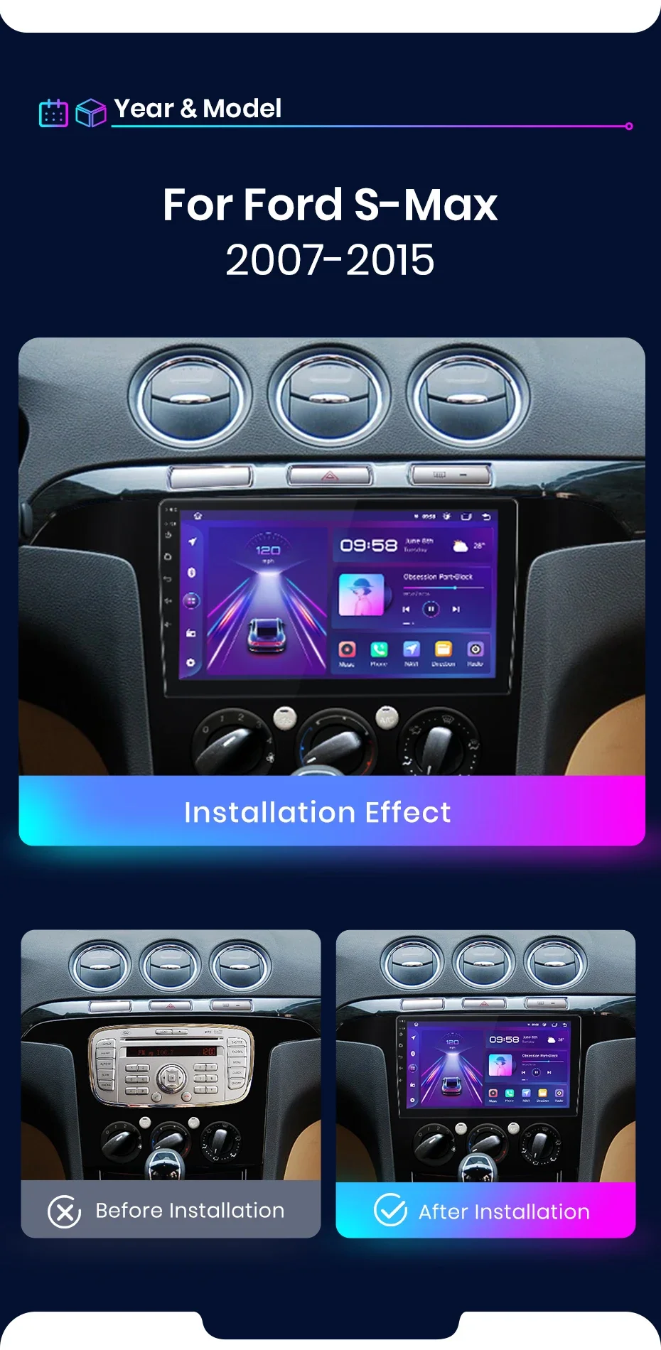 Junsun Wireless CarPlay Android Auto Radio Für Ford S-Max S max 2007-2015 Auto Intelligente Systeme RDS BT DSP 2 din autoradio – Detail 4